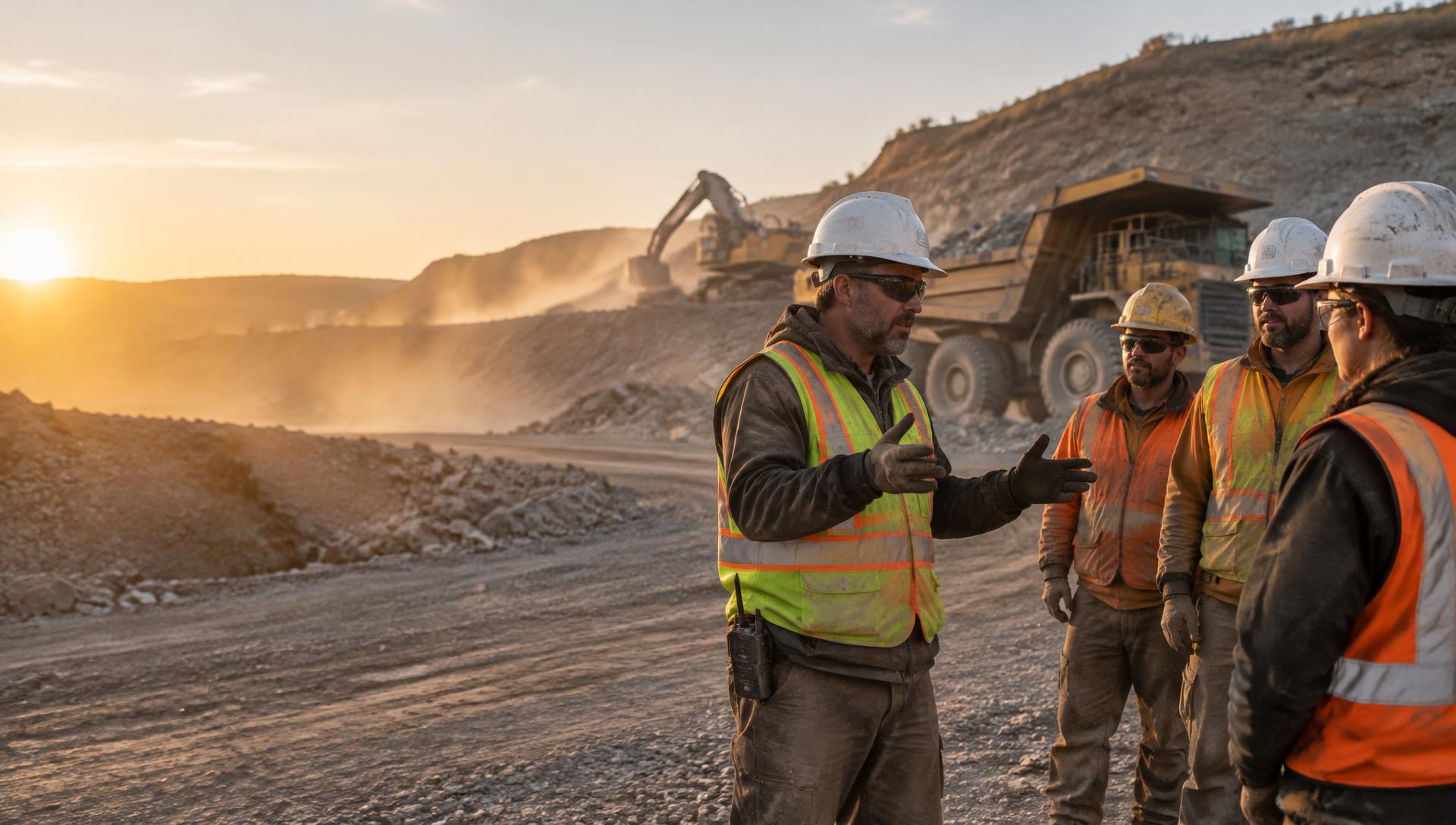 Safety trainer conducting a jobsite briefing with workers in PPE at a quarry