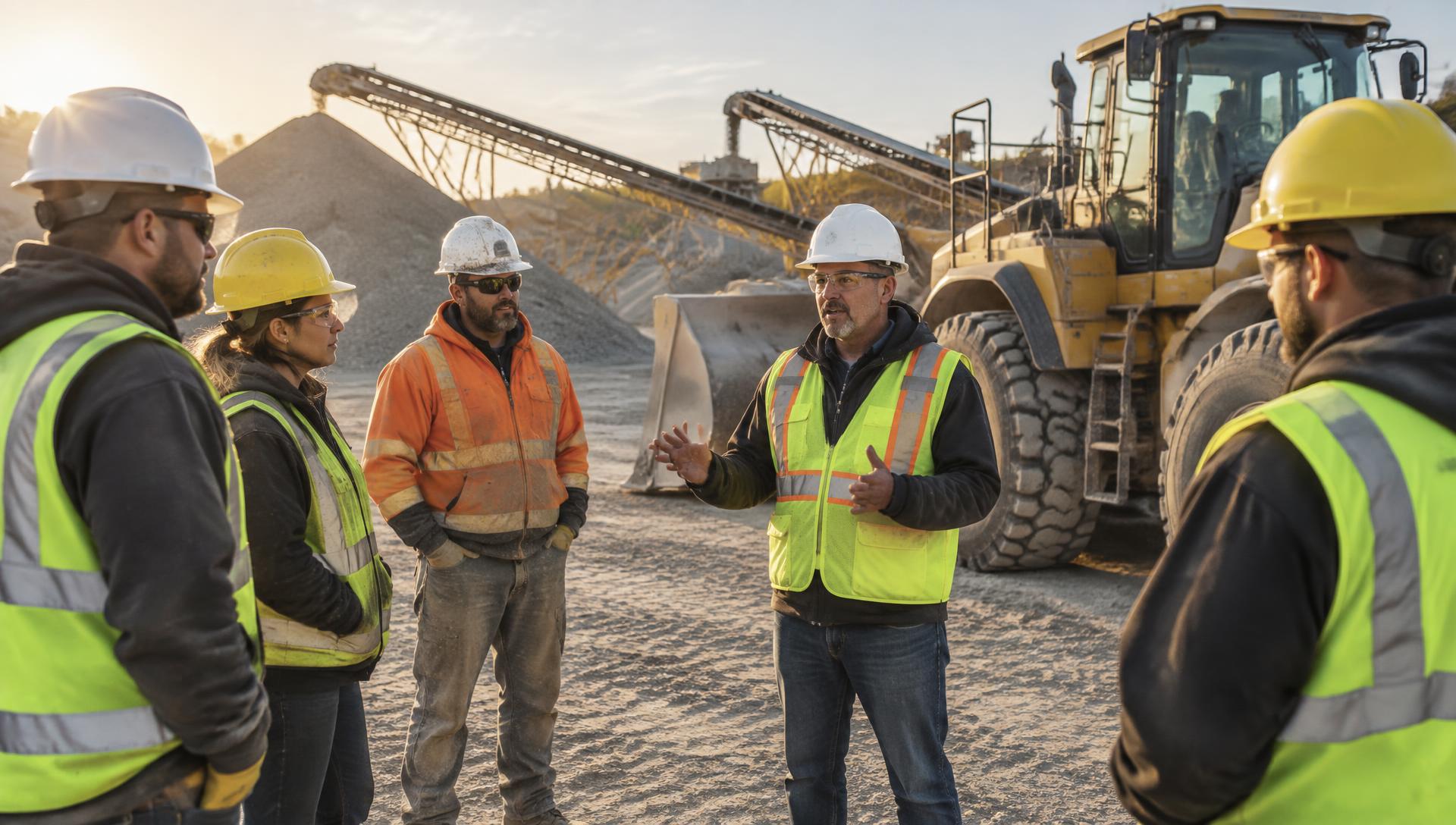 Safety briefing beside heavy equipment at a quarry