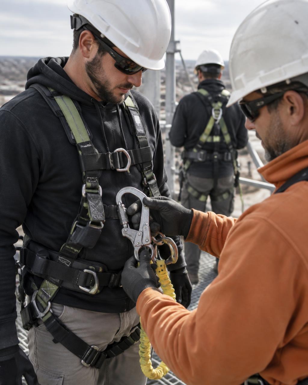 Workers inspecting fall-protection equipment during practical safety training