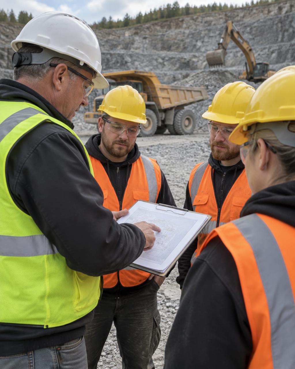 Safety instructor leading a practical briefing at a quarry