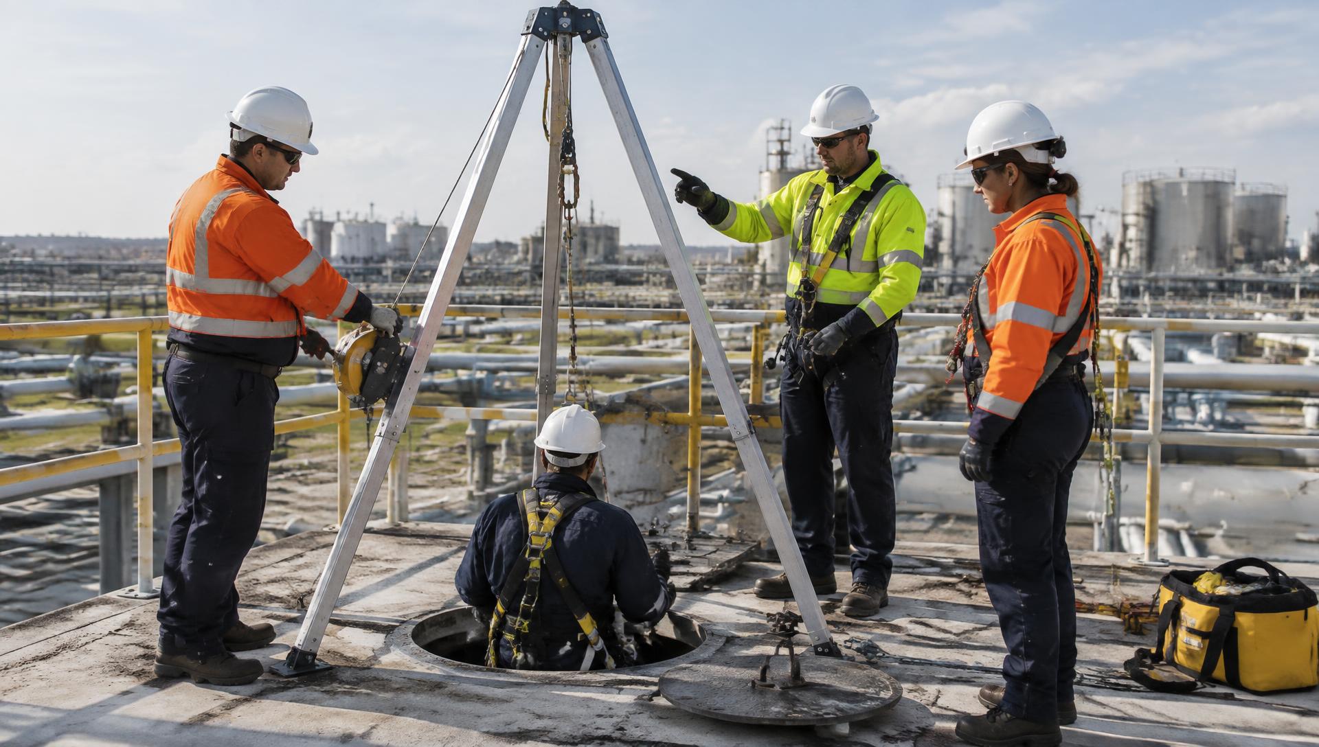 Workers conducting confined-space entry training with a retrieval tripod